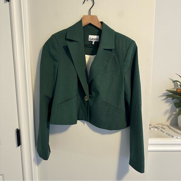 GANNI Green Cropped Blazer Jacket 34 Small - Picture 11 of 13